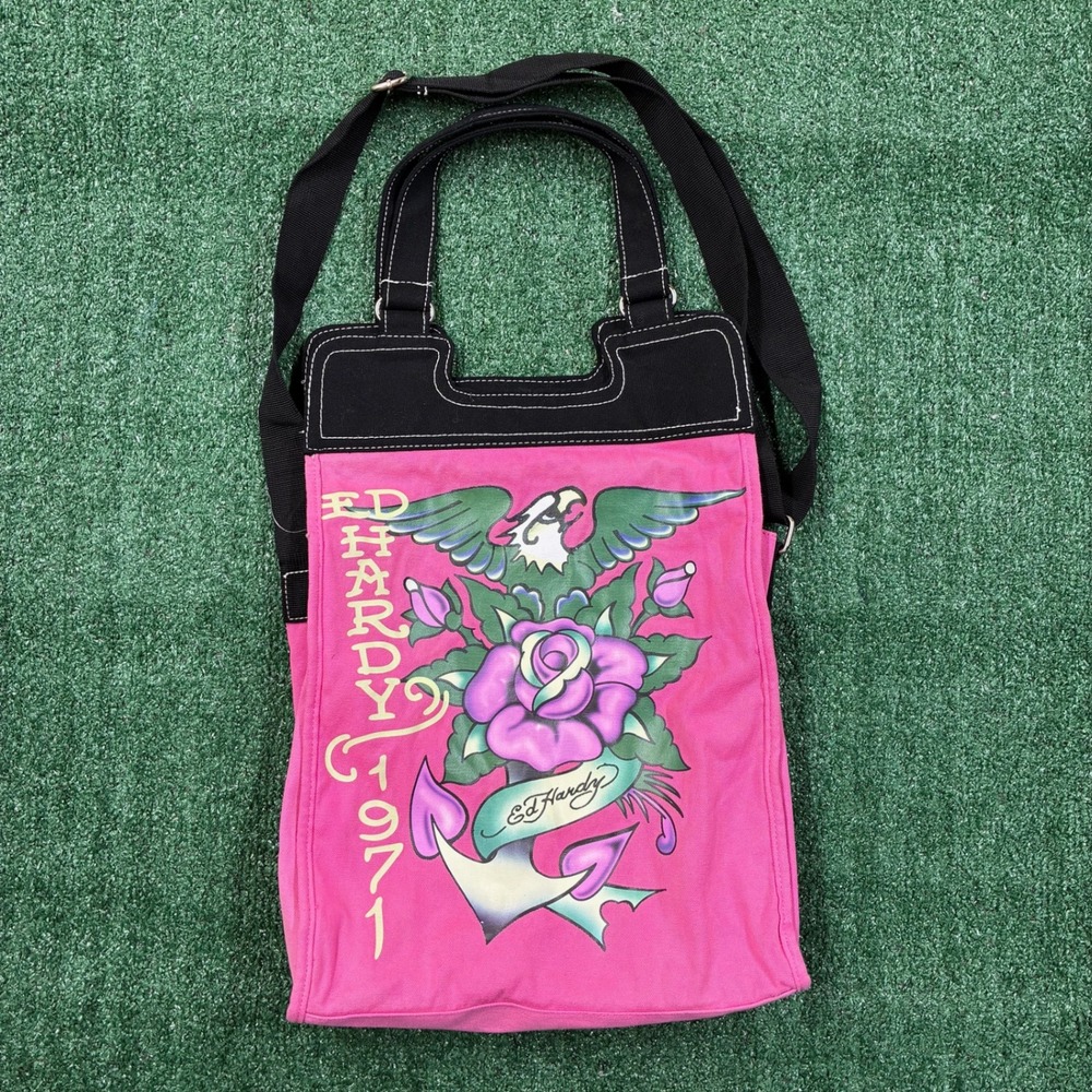 Y2K‎ 2000's Ed Hardy Pink Canvas Tote Bag Eagle Rose Anchor Graphic